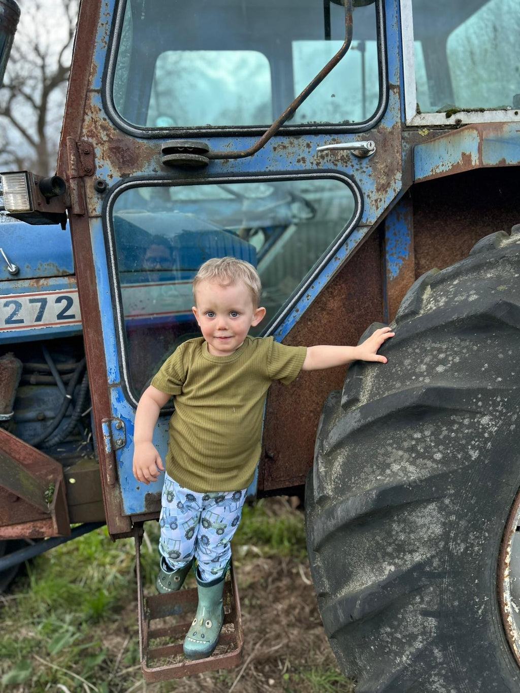 Tractor patch - blue handmade leggings