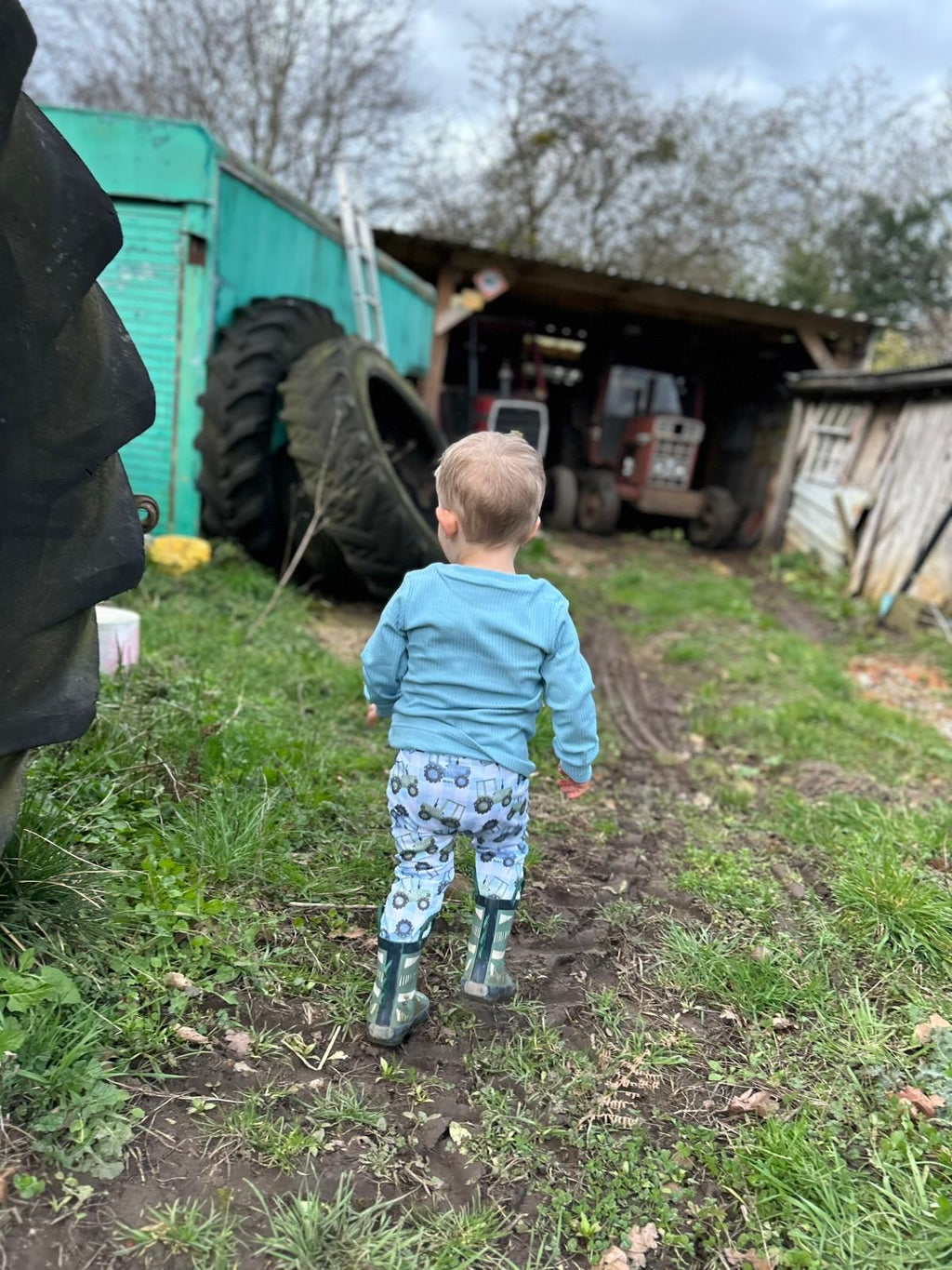 Tractor patch - blue handmade leggings